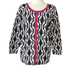 Le Tigre Womens L Blue Dog Print Button Front Cotton Knit Cardigan Sweater